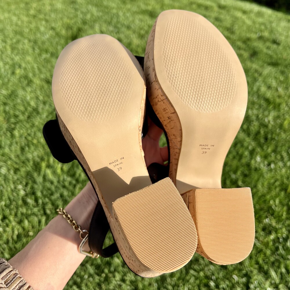 NWT Crosswalk Fauver Cork Wedge Heels Black Satin Bow Block Sandals Size 39 8.5 - Picture 2 of 7